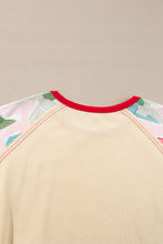 Beige Bowknot Printed Patchwork Raglan Sleeve Colorblock Edge Top