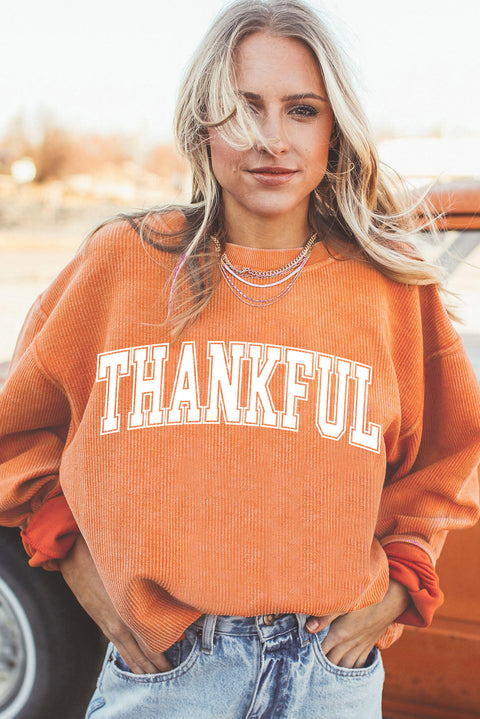 Orange THANKFUL Ribbed Crew Neck Pullover Sweatshirt