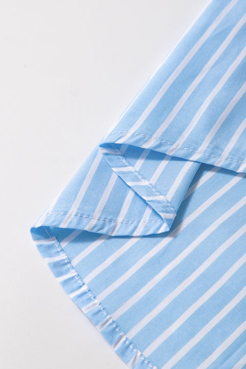 Sky Blue Stripe Contrast Patch Pocket Cuffed Sleeve Casual Shirt