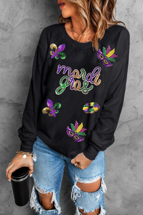 Black Sequin mardi gras Fleur de Lis Graphic Pullover Sweatshirt