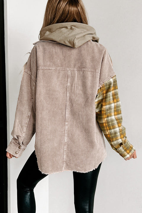 Khaki Plaid Corduroy Patchwork Snap Button Shacket