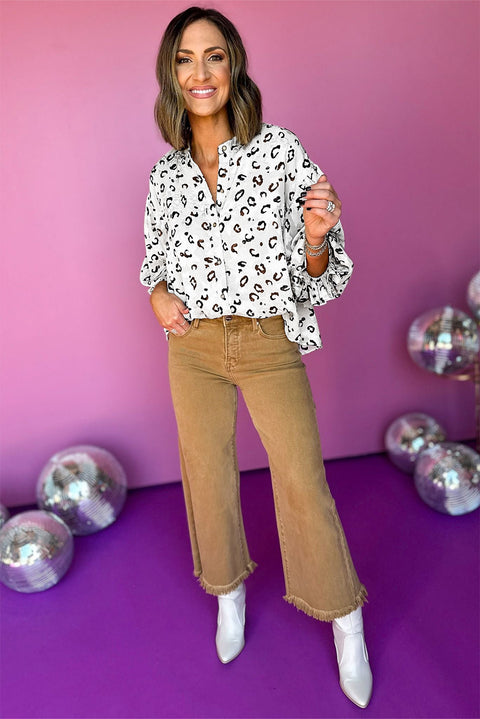 White Leopard Print Button up Ruffled Sleeve Shirt