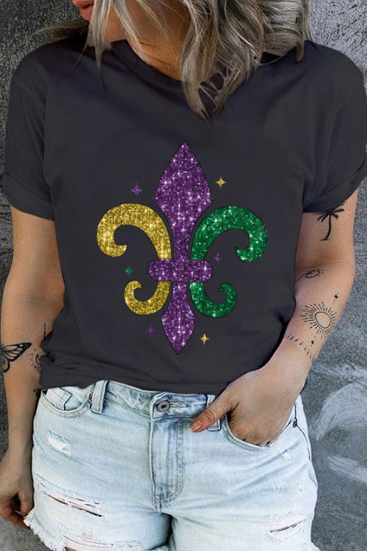 Black Mardi Gras Symbol Printed Crewneck Plus Size Tee