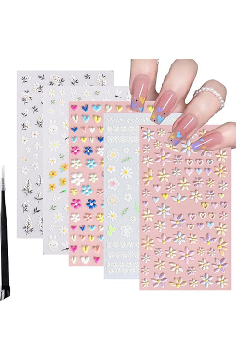 Light Pink Embossed Flower Heart Shape Self-Adhesive Nail Stickers