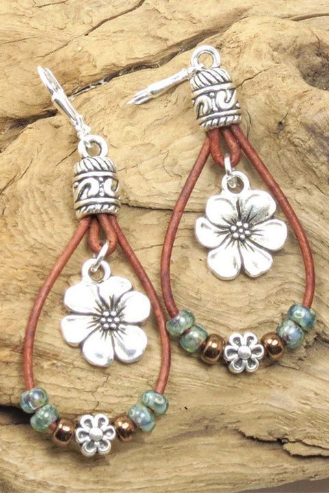 Silvery Western Leather Beaded Floral Dangle Earrings