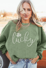 Grass Green Rhinestone lucky Clover Graphic Ribbed St Patrick Sweatshirt