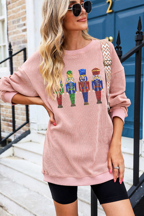 Pink Sequined Nutcracker Doll Corded Baggy Sweatshirt