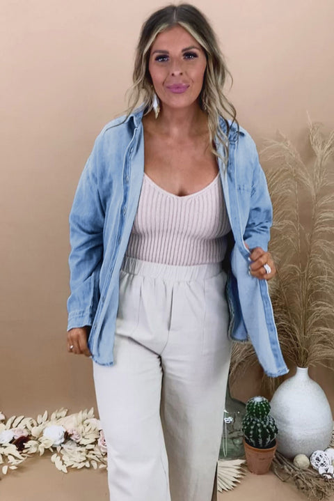 Sky Blue Plus Size Chest Pocket Button-Up Denim Shacket