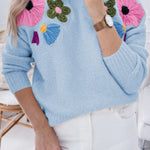 Light Blue Knitted Flower Pattern Ribbed Edge Sweater