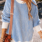 Dark Blue Striped Textured Knit Contrast Edge Loose Sweater