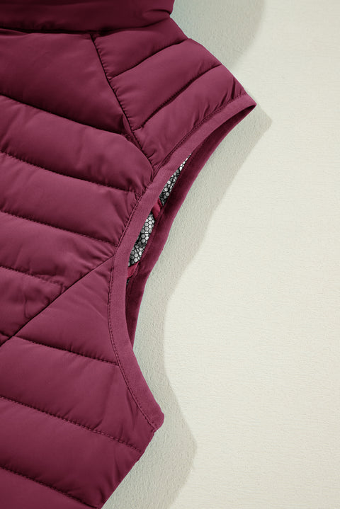 Burgundy Plush Collared Quilted Zipped Puffer Vest