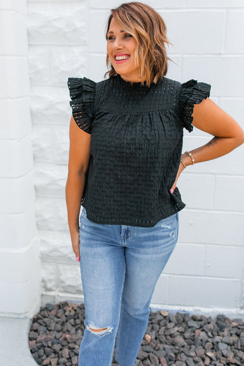 Black Hollowed Texture Ruffle Sleeve Blouse