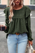 Blackish Green Lace Eyelet Ruffle Shoulder Long Sleeve Blouse