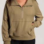 Brown Quarter Zip Stand Neck Kangaroo Pocket Sweatshirt