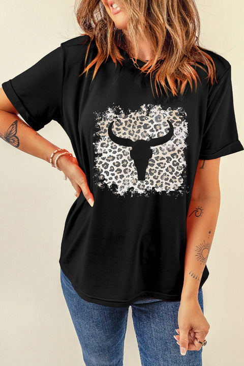 Black Western Leopard Steer Head Print Casual T Shirt