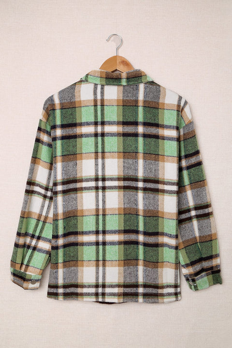 Green Geometric Plaid Print Pocketed Shacket