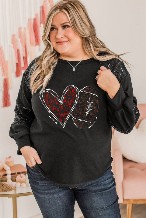 Black Rhinestone Heart Rugby Football Pattern Sequin Patched Sleeve Plus Size Top