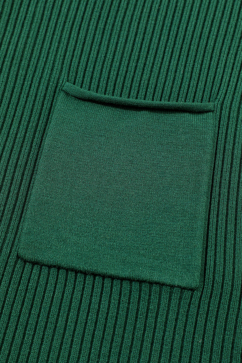 Blackish Green Patch Pocket Ribbed Knit Short Sleeve Sweater