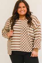 Khaki Striped Checkered Mixed Print Chest Pocket Casual Plus Size Top