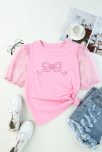 Pink  Bow Knot Embroidered Swiss Dot Mesh Sleeve Top