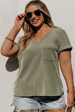 Meadow Mist Green Plus Size Corded V Neck Patch Pocket Tee