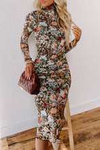 Brown Floral Allover Print Mock Neck Bodycon Long Sleeve Midi Dress