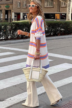 Beige Striped Long Sleeve Ribbed Trim Button Cardigan