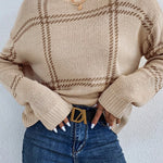 Khaki Plaid Pattern Knitted Drop Shoulder Sweater