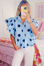 Sky Blue Polka Dot Print Ruffled Short Sleeve Buttoned Collared Blouse