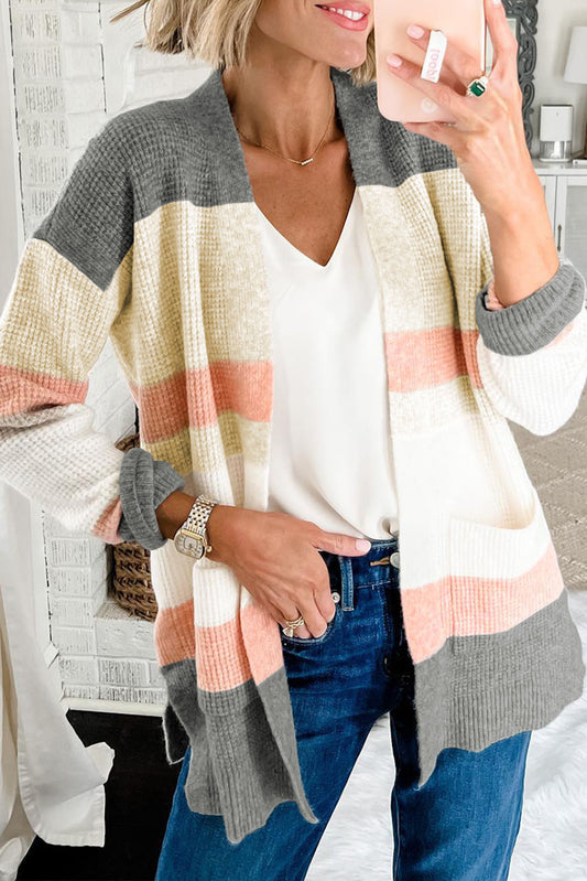 Multicolor Color Block Striped Pocketed Open Cardigan