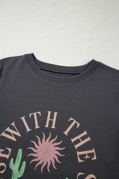 Dark Grey RISE WITH THE SUN Western Fashion Graphic Tee