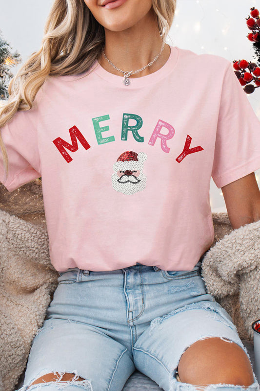 Pink Sequin MERRY Santa Clause Graphic T Shirt