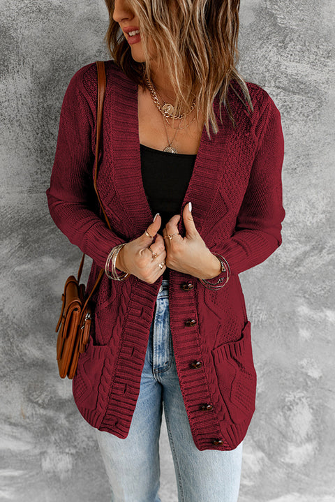 Burgundy Front Pocket and Buttons Closure Cardigan