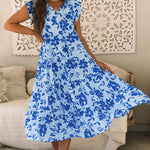 Sky Blue Floral Print Tiered Frilled Trim Flutter Sleeve Maxi Dress