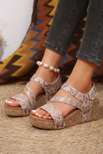 Light French Beige Floral Print Hollowed Strappy Wedged Sandals