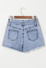 Beau Blue Rhinestone Light Wash Raw Hem High Waist Denim Shorts