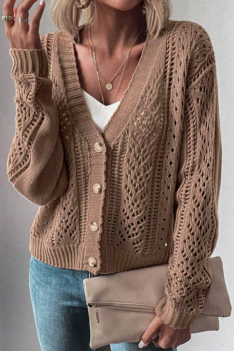 Dark Khaki Open Knit Drop Shoulder Sweater Cardigan