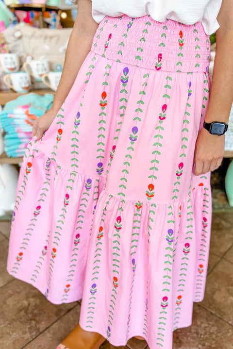 Pink Printed Smocked Tiered Maxi Skirt