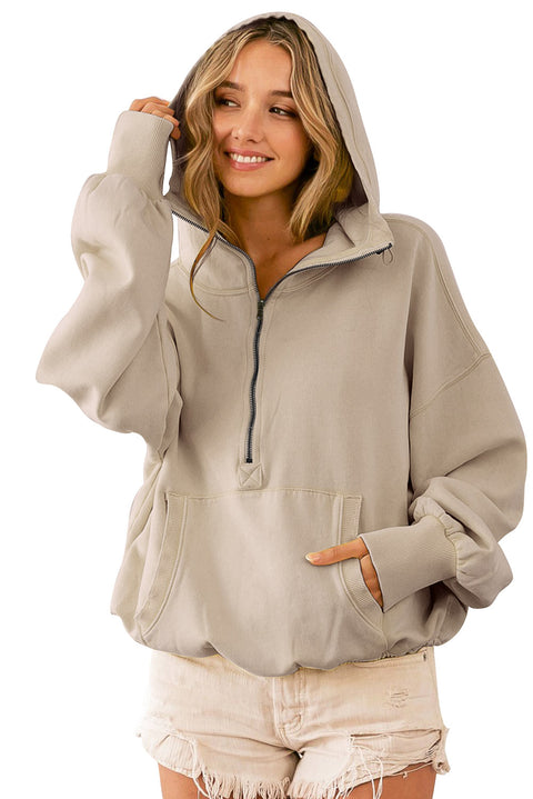 Beige Ribbed Trim Kangaroo Pocket Zipped Hoodie