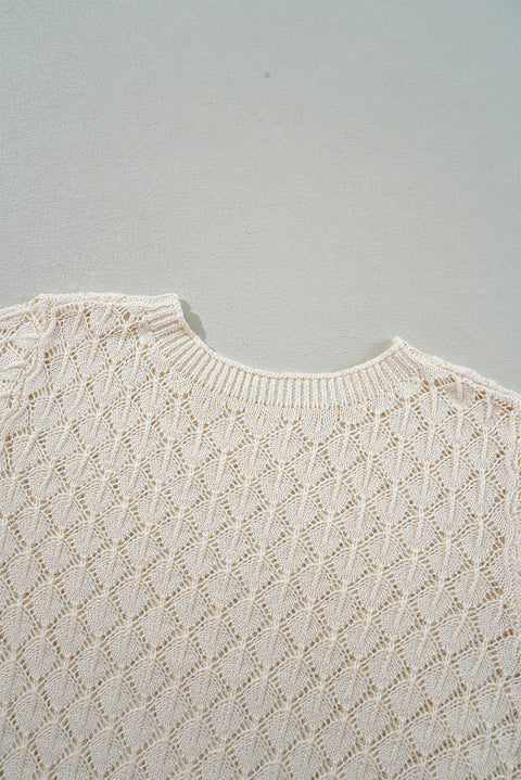 Beige Hollow Out Crochet O Neck Short Sleeve Sweater Tee