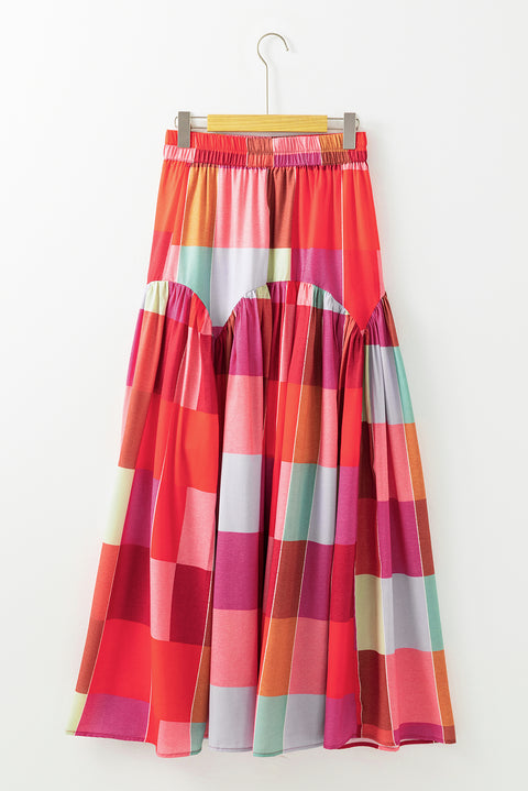 Multicolour Plaid Print Ruched High Waist Casual Maxi Skirt