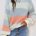 Multicolour Colorblock Textured Knit Bubble Sleeve Sweater