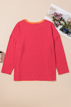 Orange Stripe Plus Size Drop Shoulder Long Sleeve Buttoned Decor Top