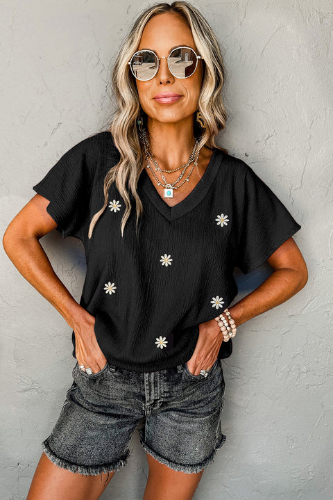 Black Crinkled Daisy Embroidered V Neck T Shirt