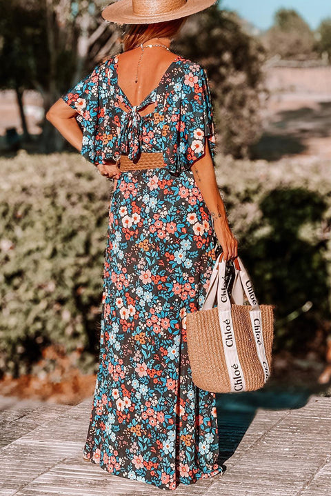 Sky Blue Floral Knotted Back Square Neck Maxi Dress