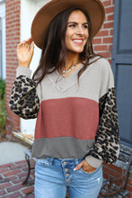 Wild Leopard Contrast Sleeve Colorblock Waffle Knit Top