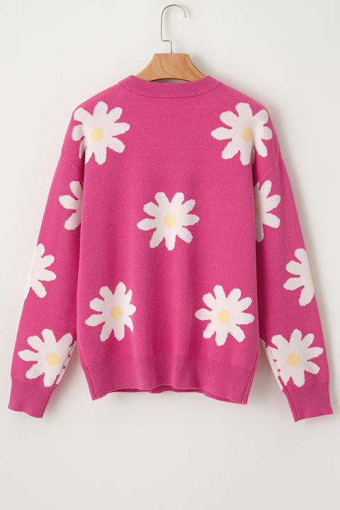 Bright Pink Daisy Flower Crew Neck Long Sleeve Sweater