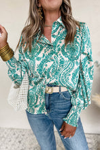 Green Paisley Print Smocked Cuff Buttoned Loose Shirt