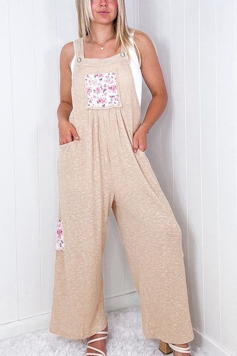 Jet Stream Floral Patchwork Ribbed Side Pockets Wide Leg Jumpsuit