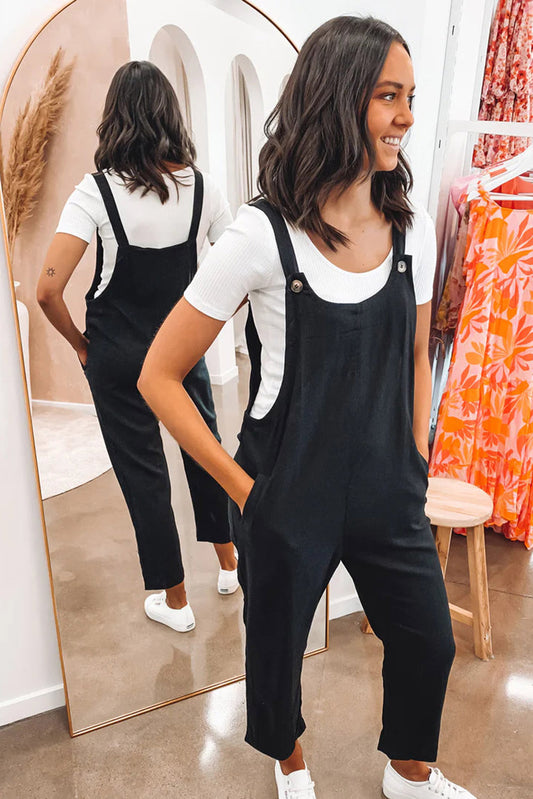 Button Straps Pocketed Cropped Jumpsuit